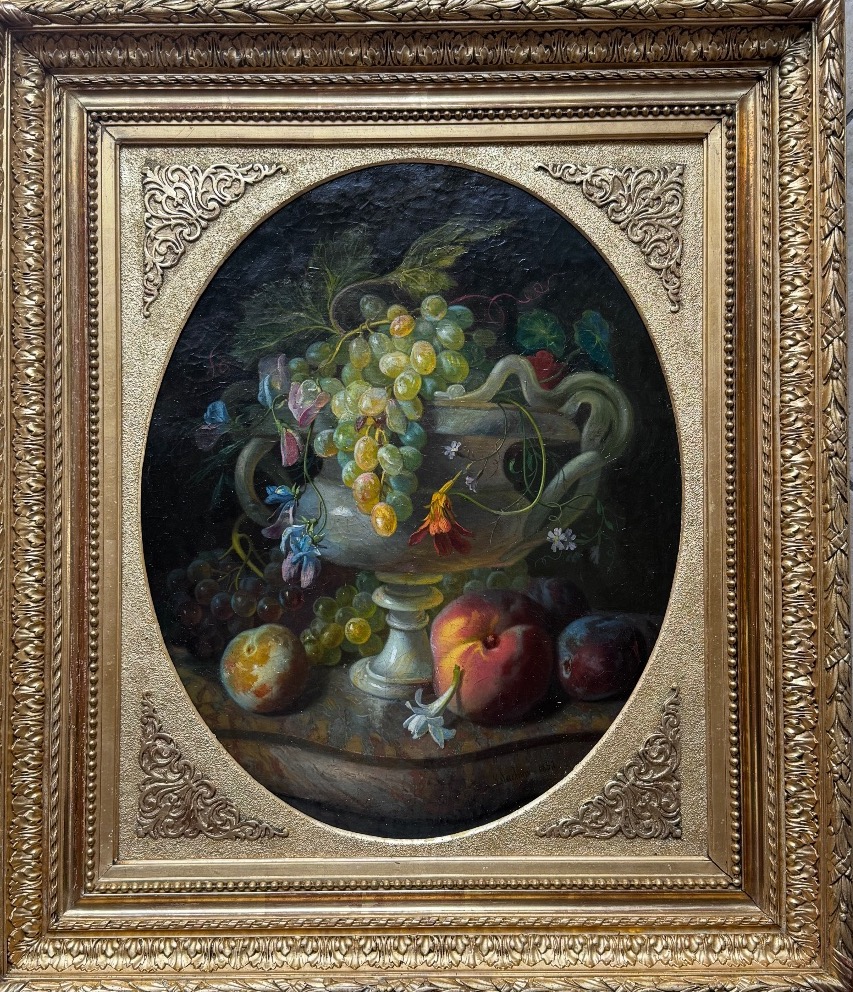 Louis-antoine Estachon (1819-1857) Still Life With Grapes And Fruit On Marble Entablature-photo-8