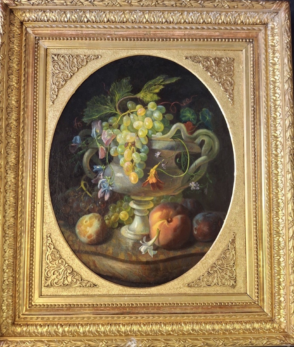 Louis-Antoine Estachon (1819-1857) Nature morte aux raisins et fruits sur entablement de marbre