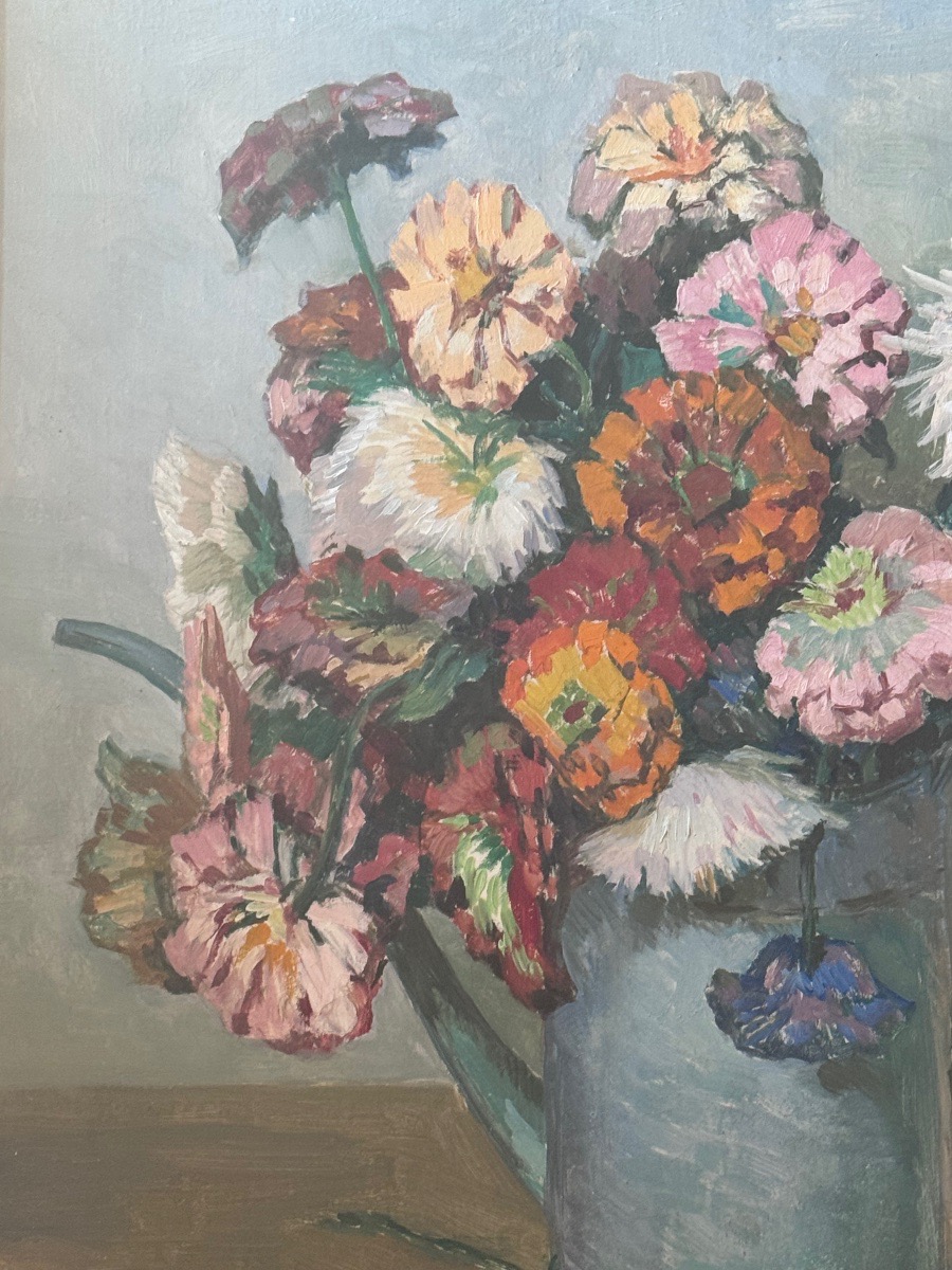 Constantin Font (1890-1954) Bouquet de fleurs au pichet bleu, 1943  Huile sur panneau.-photo-4