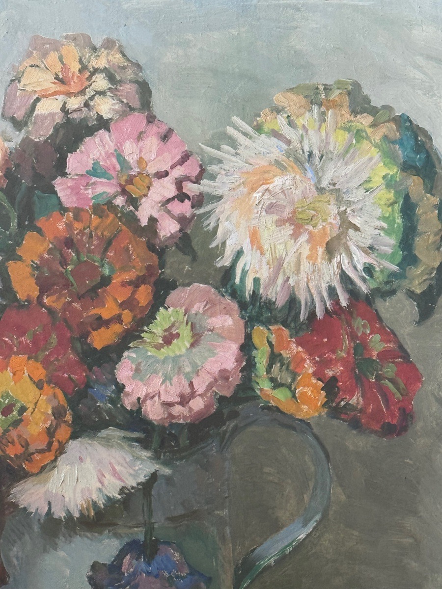 Constantin Font (1890-1954) Bouquet de fleurs au pichet bleu, 1943  Huile sur panneau.-photo-1