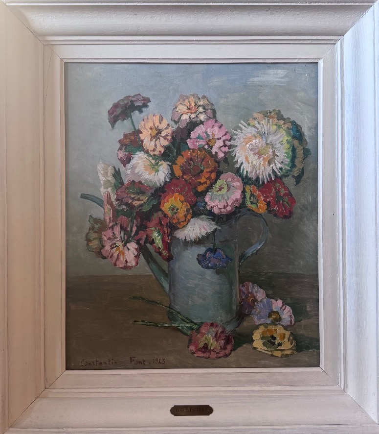 Constantin Font (1890-1954) Bouquet de fleurs au pichet bleu, 1943  Huile sur panneau.