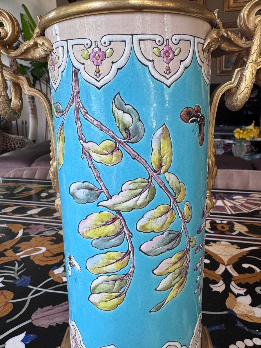 Paire de vases en céramique émaillée et bronze doré Attribués à Jules Vieillard & Cie, Bordeaux-photo-5
