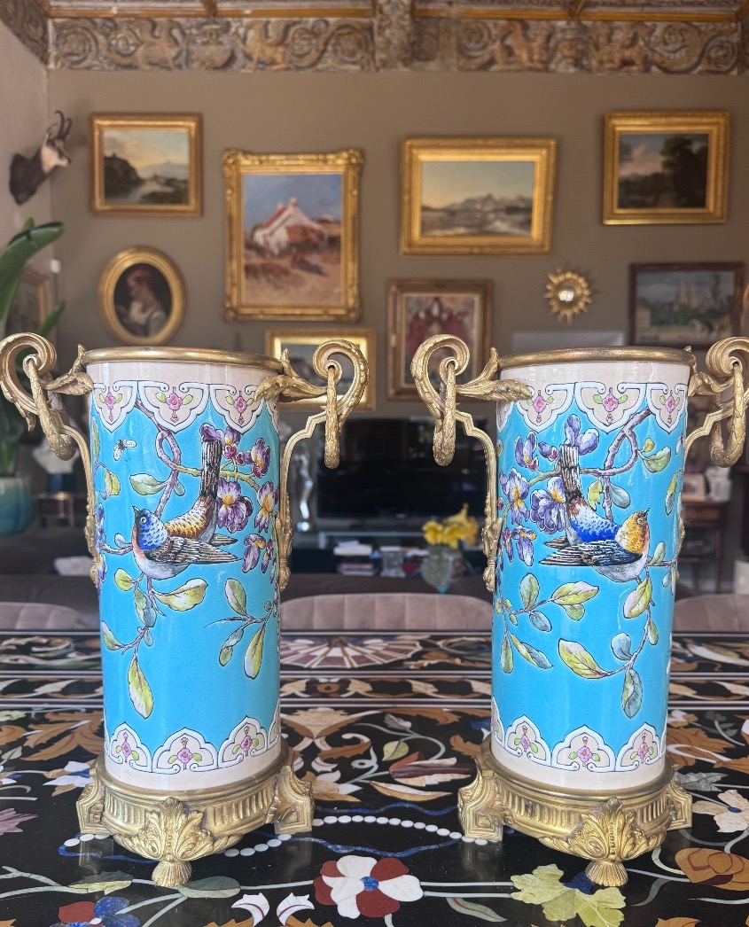 Paire de vases en céramique émaillée et bronze doré Attribués à Jules Vieillard & Cie, Bordeaux
