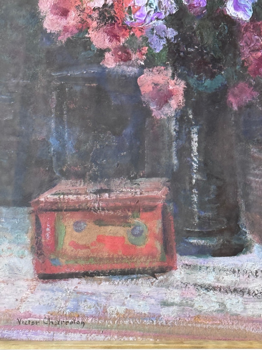 Victor Charreton (1864-1936) Bouquet de fleurs, huile sur carton .-photo-2
