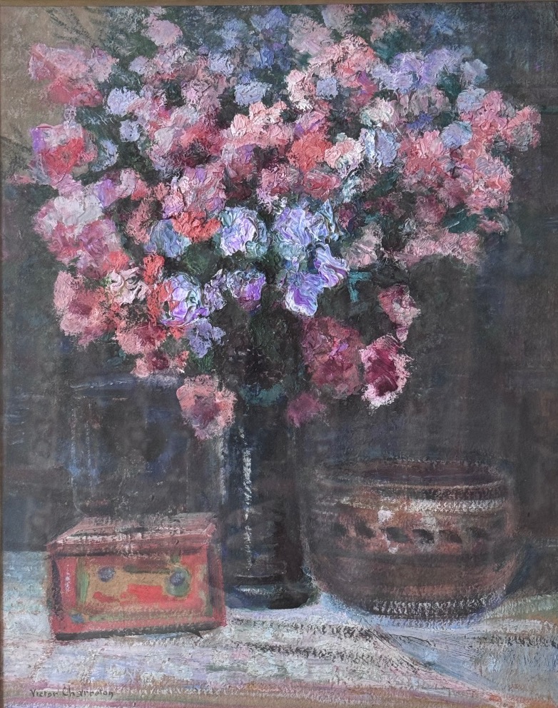 Victor Charreton (1864-1936) Bouquet de fleurs, huile sur carton .-photo-4