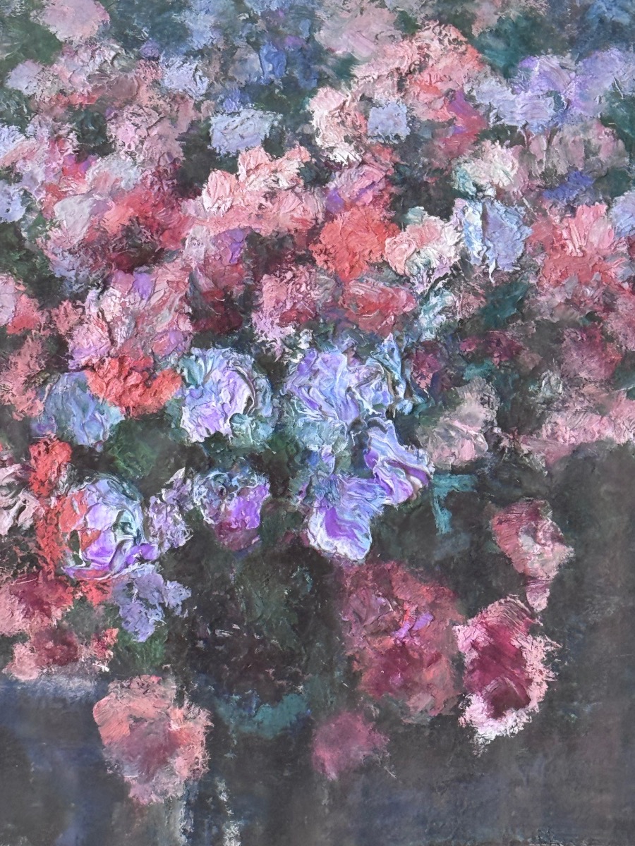Victor Charreton (1864-1936) Bouquet de fleurs, huile sur carton .-photo-1