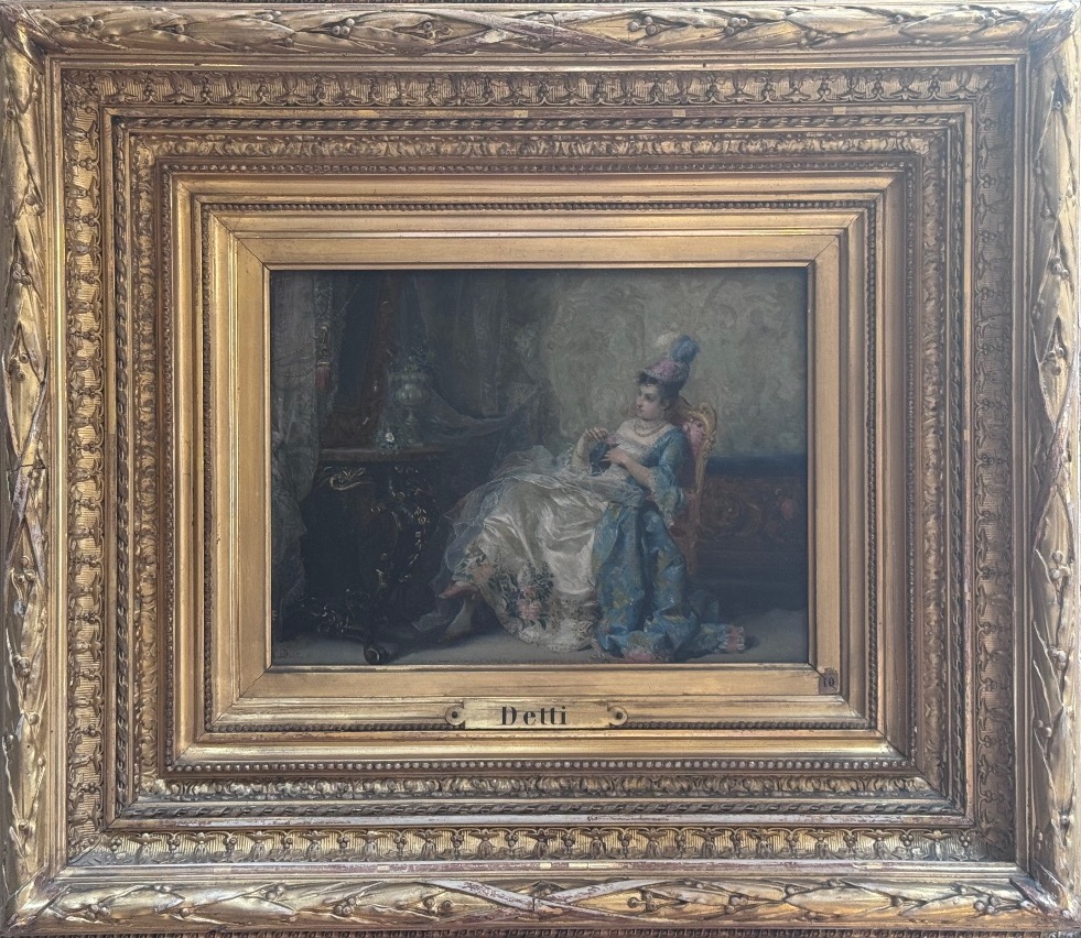 César-Auguste Detti (1847-1914) Élégante à la rose dans un intérieur Louis XV.