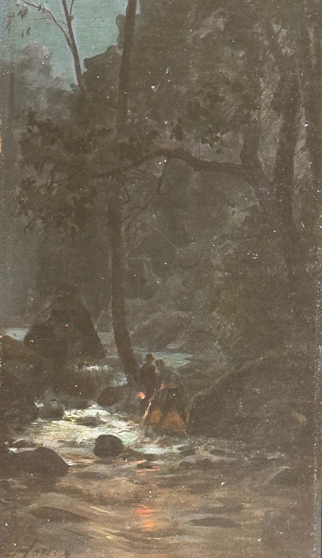 Ernest Hareux (1847-1909)  Pêcheurs nocturnes dans un torrent de montagne  Huile sur toile.-photo-2