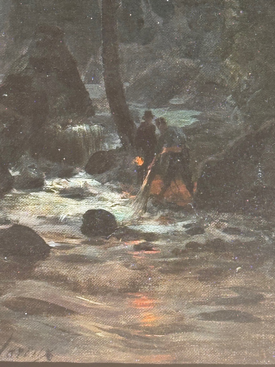 Ernest Hareux (1847-1909)  Pêcheurs nocturnes dans un torrent de montagne  Huile sur toile.-photo-4