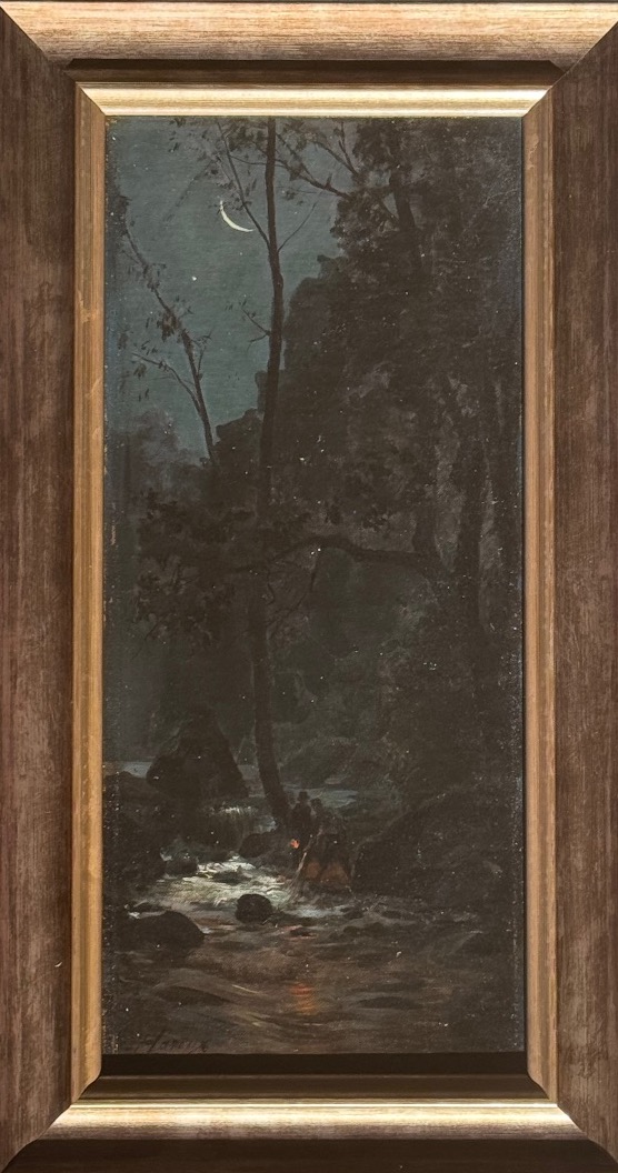 Ernest Hareux (1847-1909)  Pêcheurs nocturnes dans un torrent de montagne  Huile sur toile.-photo-2