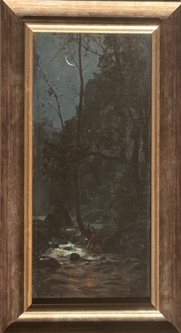 Ernest Hareux (1847-1909)  Pêcheurs nocturnes dans un torrent de montagne  Huile sur toile.