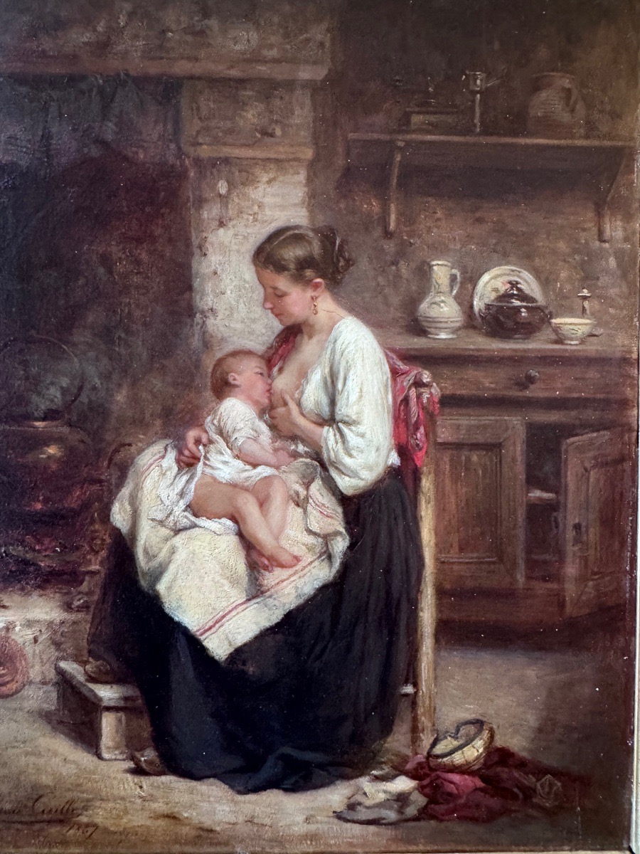 Léon émile Caille (1836–1907) Motherhood – Young Mother Breastfeeding Her Child Oil On Panel-photo-2