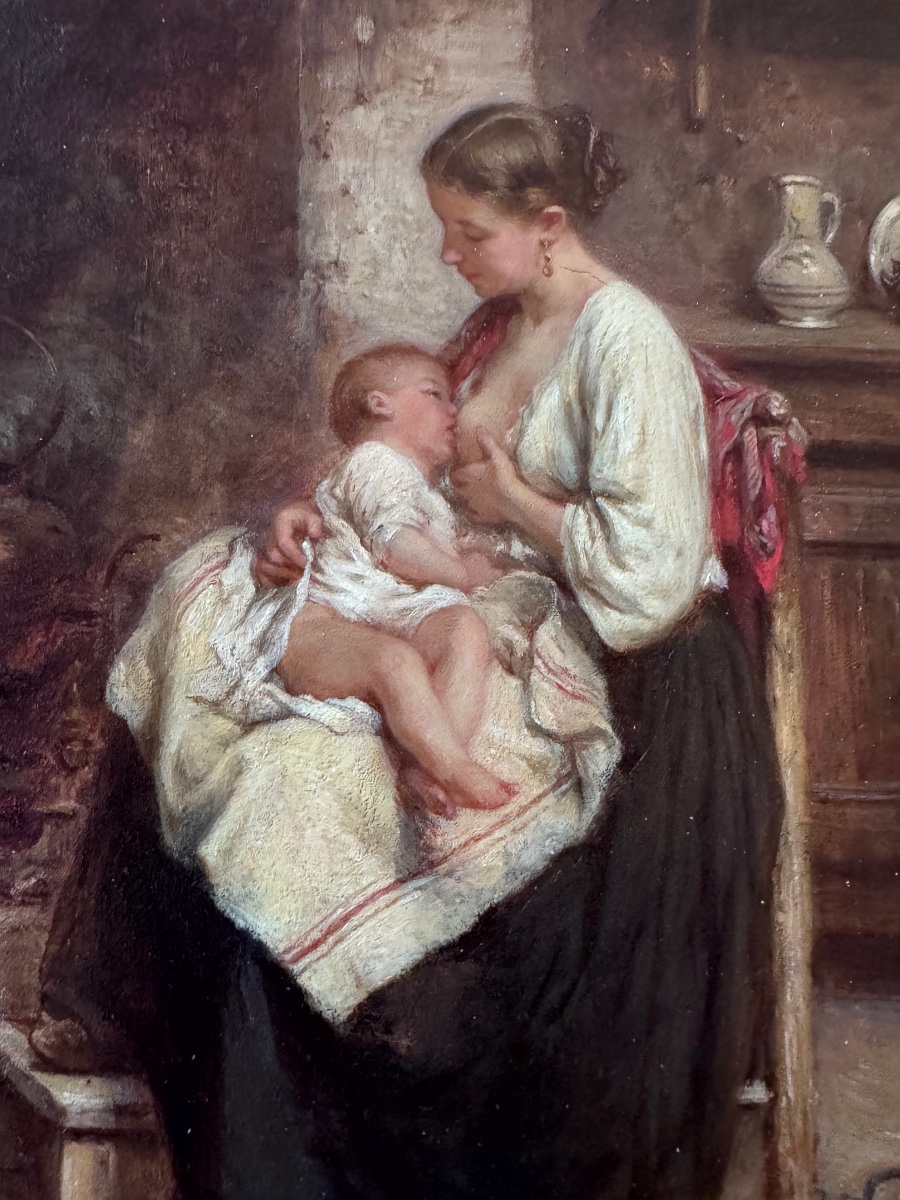 Léon émile Caille (1836–1907) Motherhood – Young Mother Breastfeeding Her Child Oil On Panel-photo-1