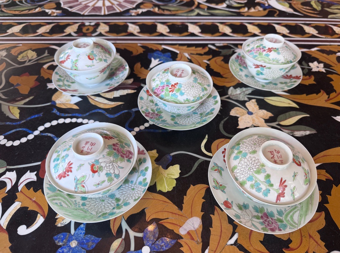 Set Of Five Porcelain Bowls With Lids And Their Saucers From Mikawachi (hirado), Japan, -photo-3