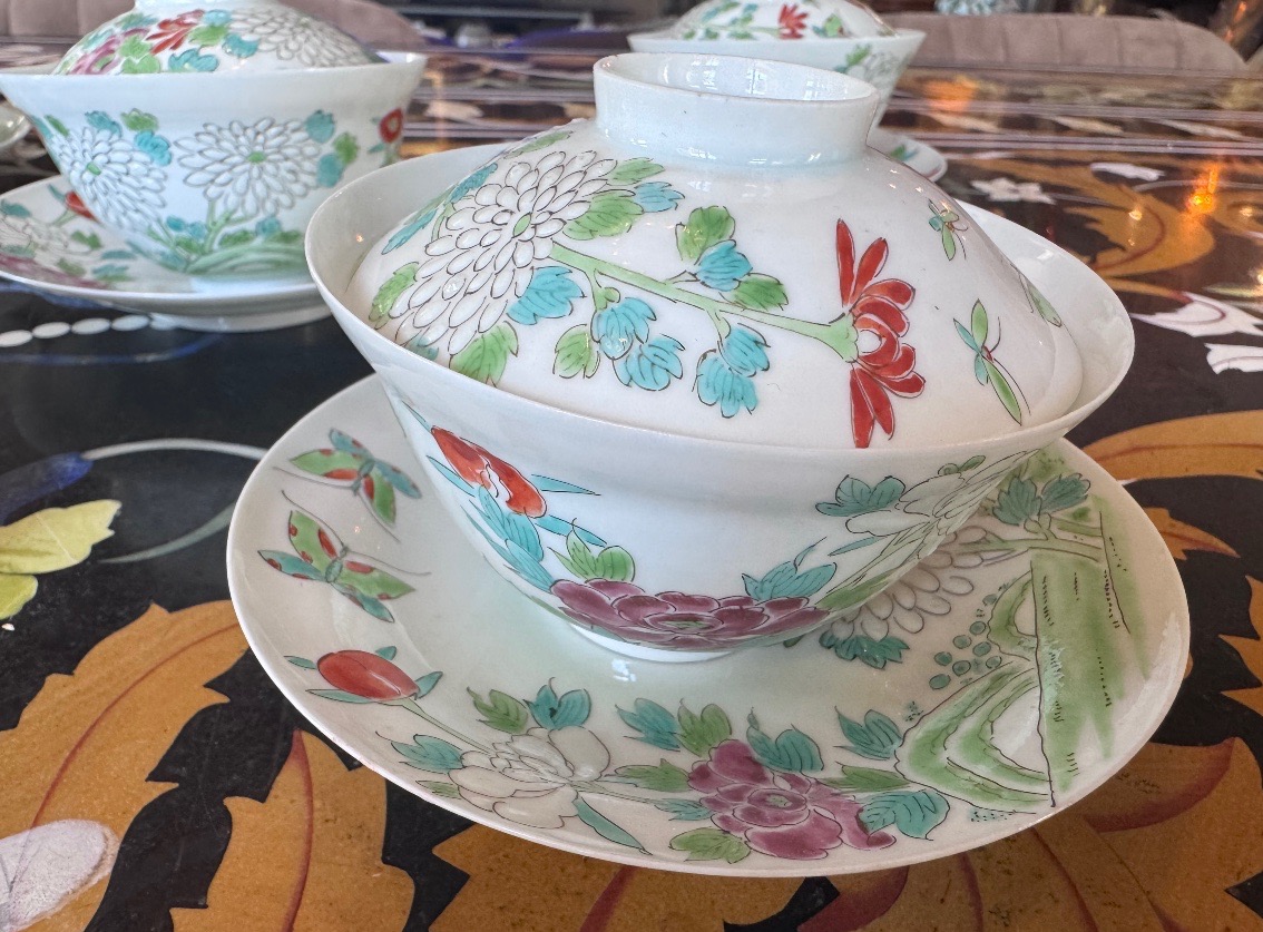 Set Of Five Porcelain Bowls With Lids And Their Saucers From Mikawachi (hirado), Japan, -photo-2