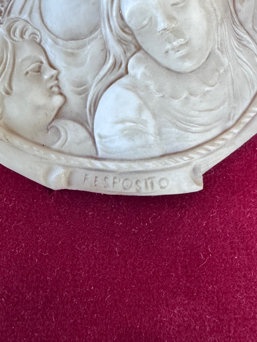 Italian Cameo Signed F. Esposito: Young Mother And Her Two Children – Shell Carving –-photo-3
