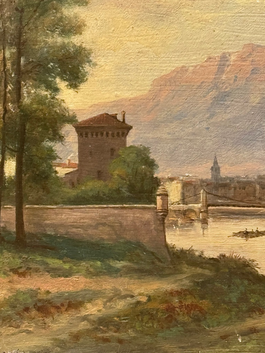École dauphinoise de la fin du XIXᵉ siècle Grenoble vue depuis l’Île Verte Huile sur carton.-photo-2