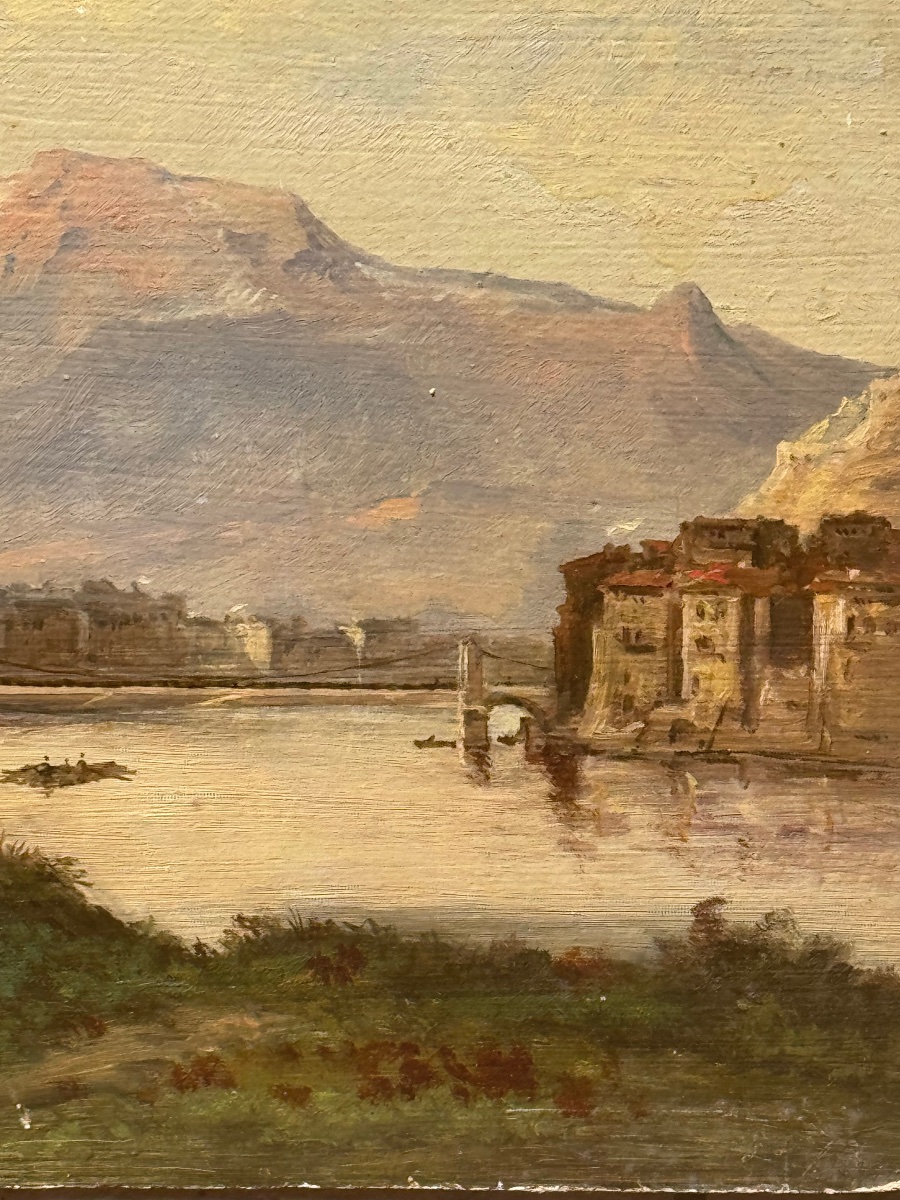 École dauphinoise de la fin du XIXᵉ siècle Grenoble vue depuis l’Île Verte Huile sur carton.-photo-3
