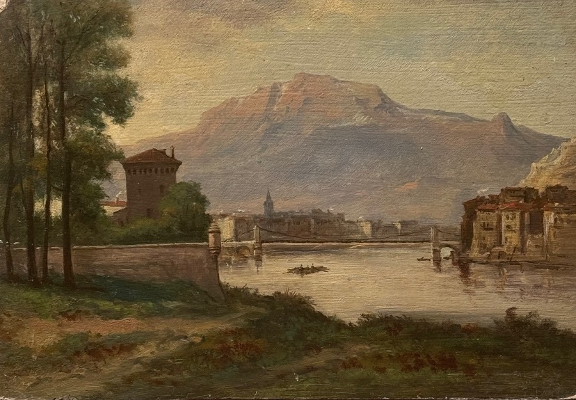 École dauphinoise de la fin du XIXᵉ siècle Grenoble vue depuis l’Île Verte Huile sur carton.