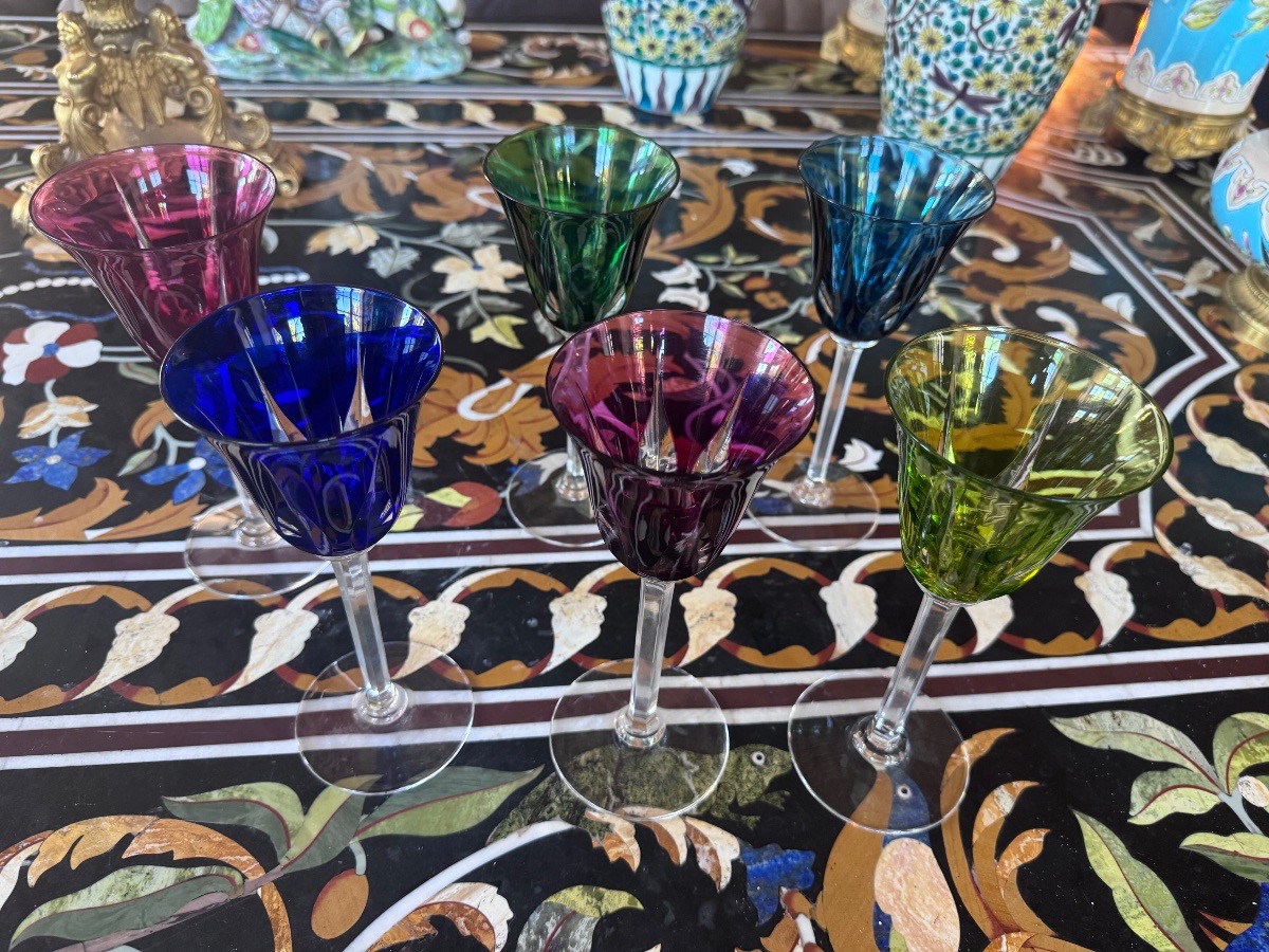 St. Louis – Six Rhine Wine Glasses, “cerdagne” Model, Made Of Colored Crystal.-photo-4