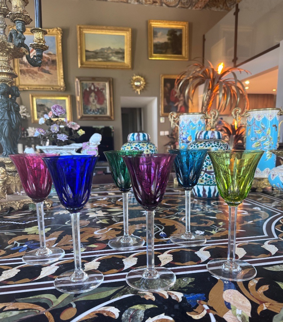 St. Louis – Six Rhine Wine Glasses, “cerdagne” Model, Made Of Colored Crystal.