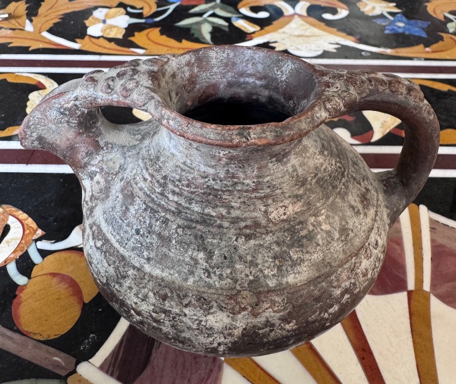 Small Jug Or Medieval Pitcher With A Bridged Spout—from The Dauphiné Or Lyon Region—10th–12th Century.