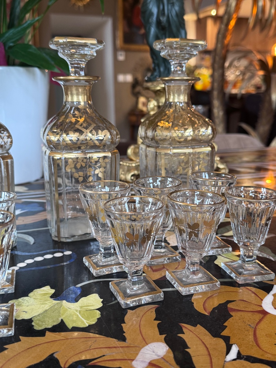 Baccarat – Crystal Liquor Set, Made Of Pressed And Molded Crystal And Gilded With Gold – Napoleonic Era -photo-4