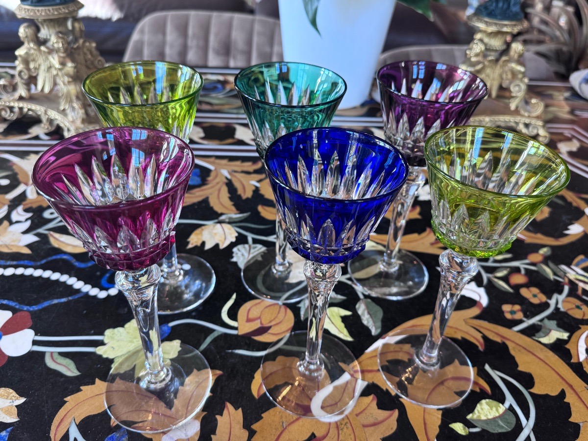 Baccarat – Set Of Six Colored Crystal Römer Glasses, Piccadilly Model.-photo-2