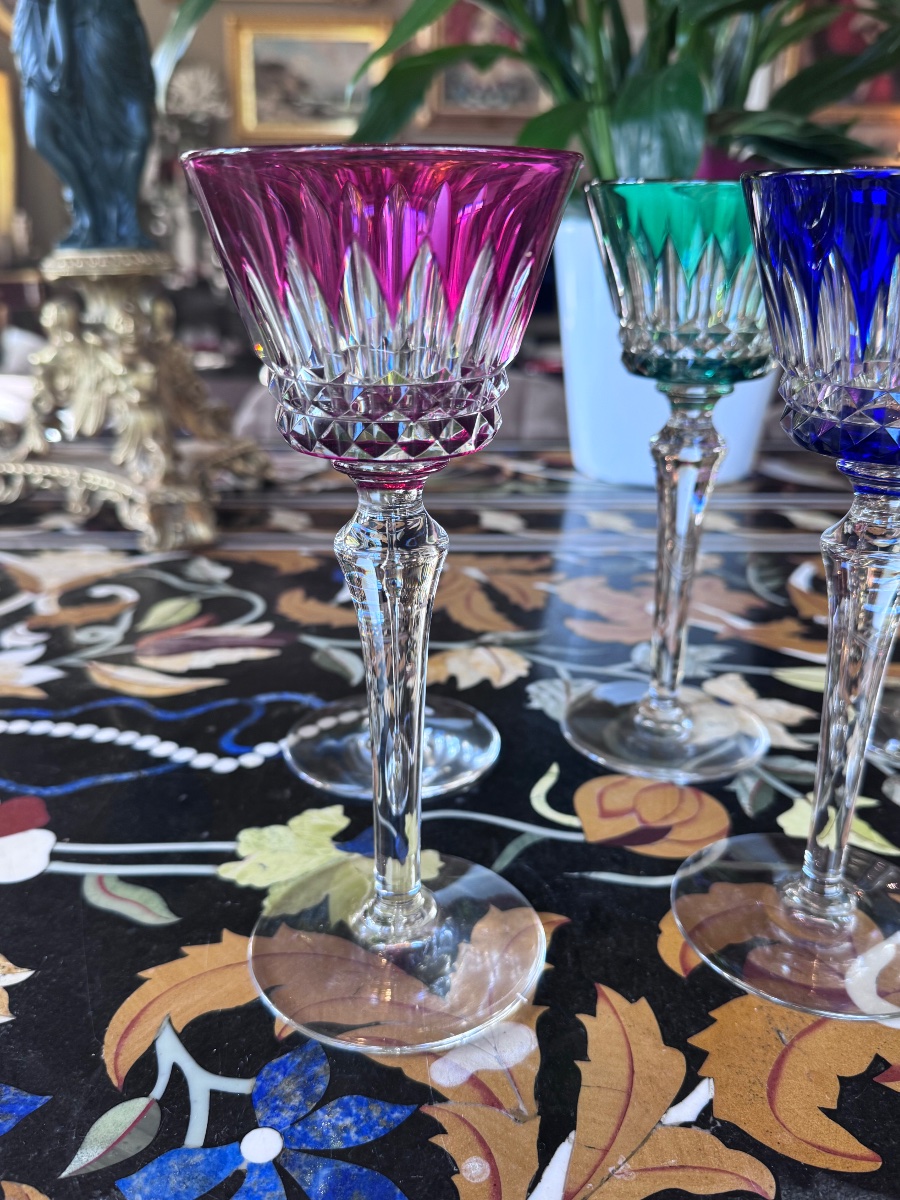 Baccarat – Set Of Six Colored Crystal Römer Glasses, Piccadilly Model.-photo-3
