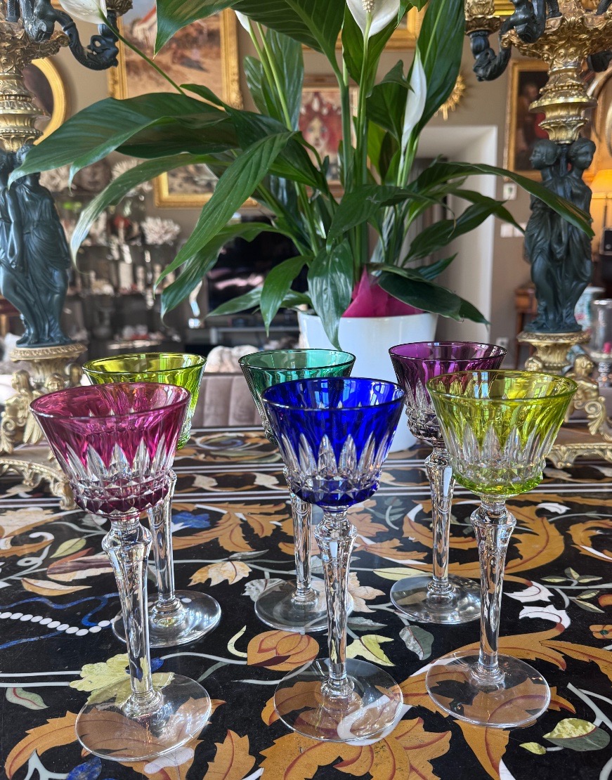Baccarat – Set Of Six Colored Crystal Römer Glasses, Piccadilly Model.