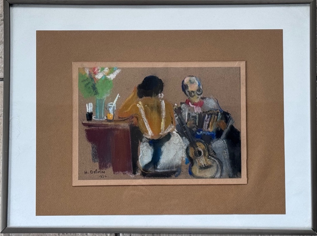 Henriette Deloras (1901–1941) – L’Accordéoniste, pastel signé et daté 1936.