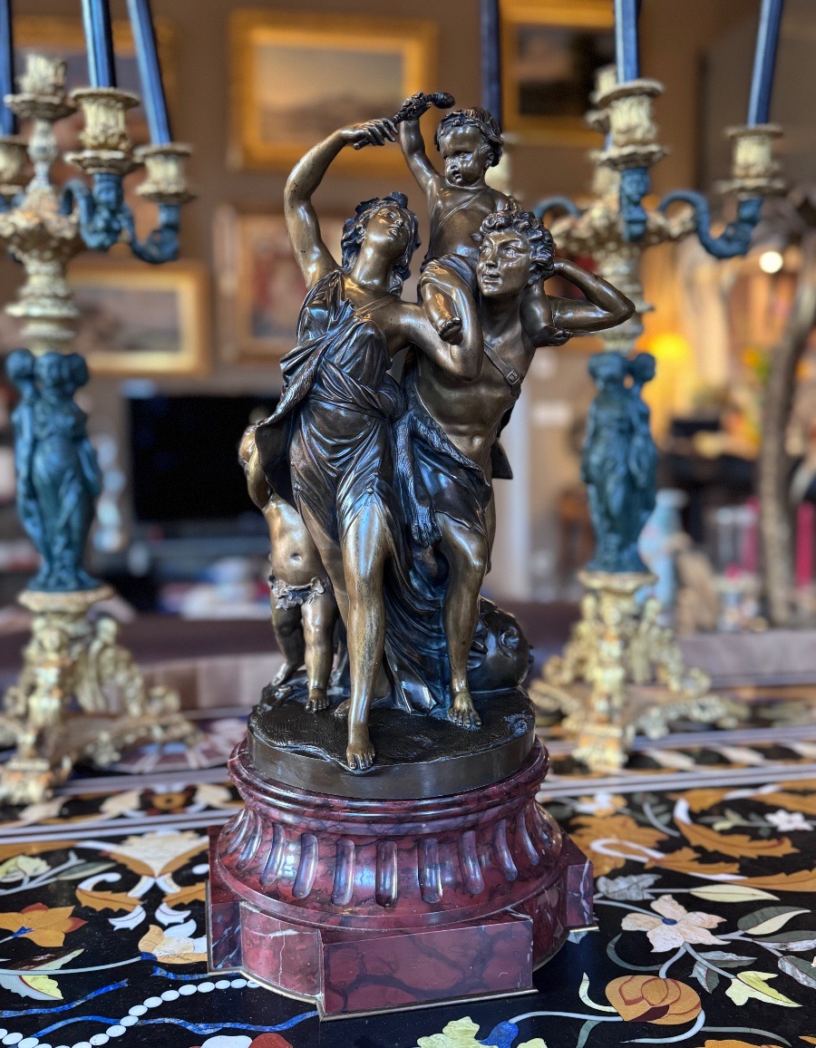 D’après Clodion (1738–1814) – Bacchante, satyre et petit faune – Bronze d’époque Napoléon III  -photo-1