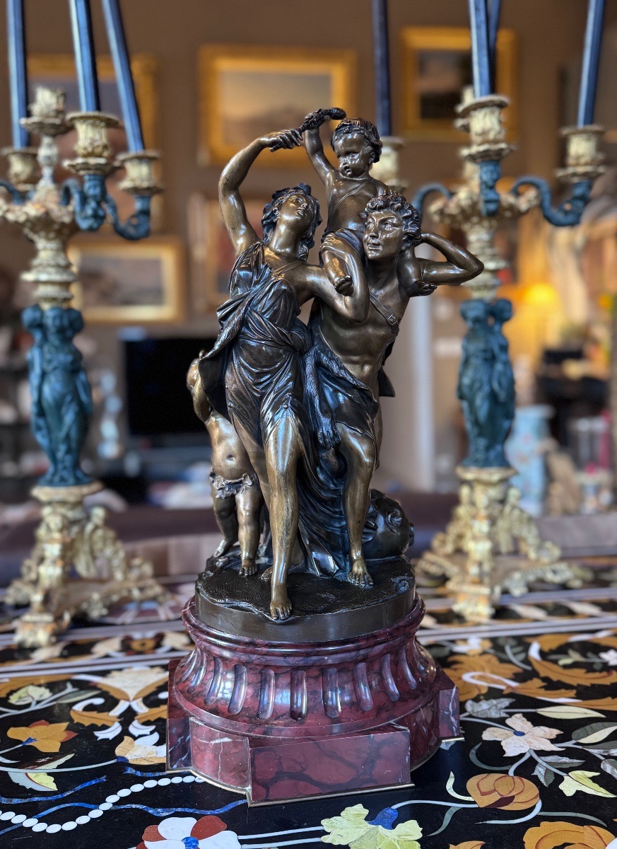D’après Clodion (1738–1814) – Bacchante, satyre et petit faune – Bronze d’époque Napoléon III  