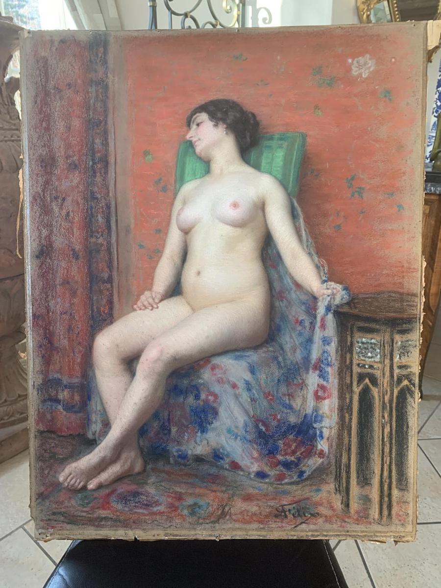 XIXth Century Orientalist Pastel, Nude With Scarf And Oriental Pedestal-photo-2