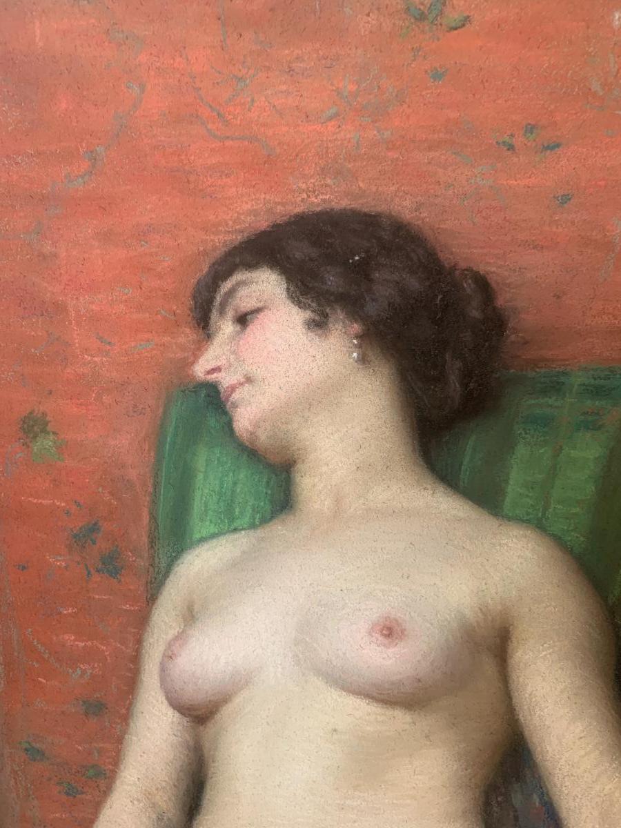 XIXth Century Orientalist Pastel, Nude With Scarf And Oriental Pedestal-photo-3