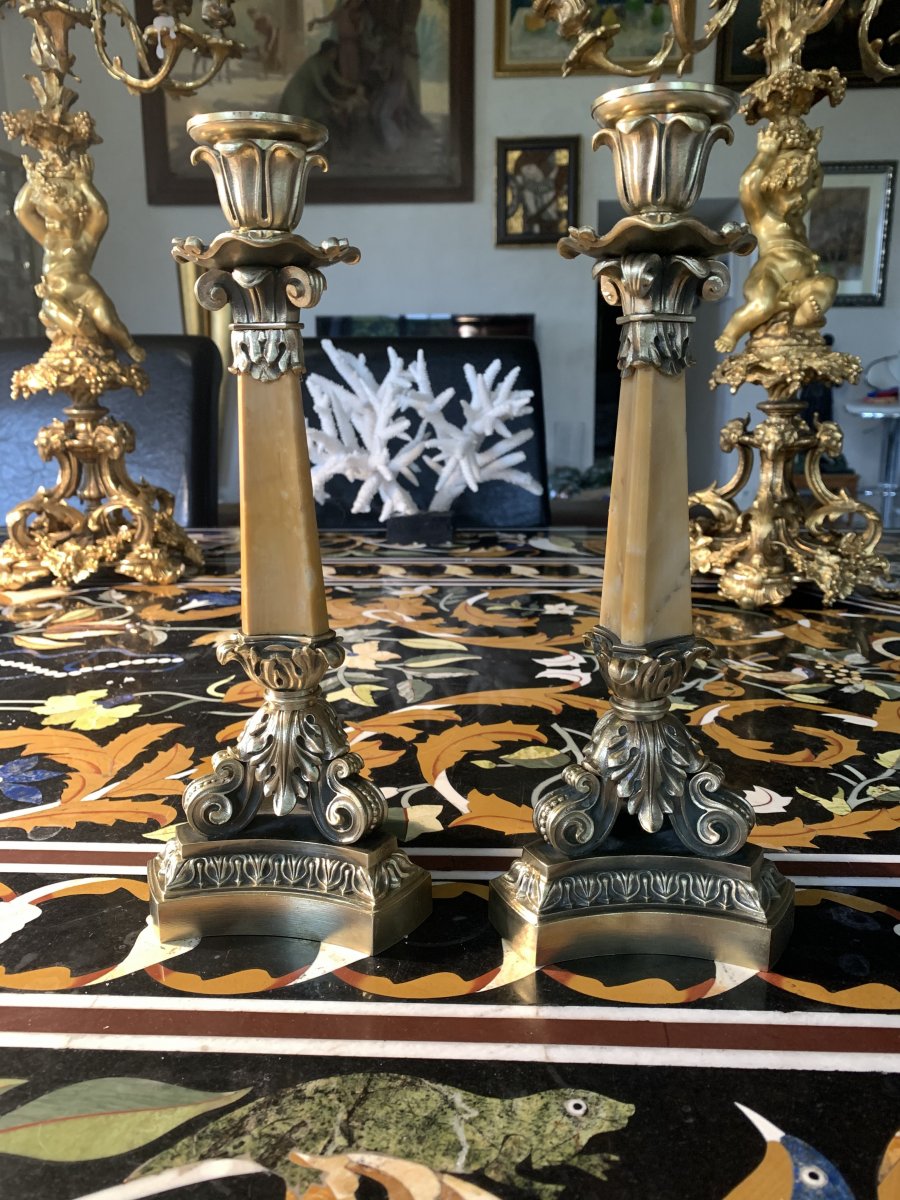 Pair Of Restoration Period Candlesticks In Bronze And Siena Marble