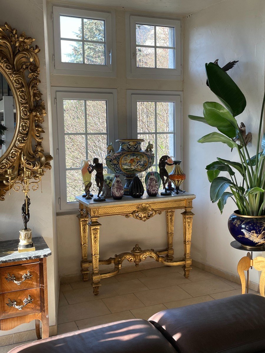 Console En Bois Doré De Style Louis XIV Du XIXème Siècle Dessus De Marbre Blanc -photo-7