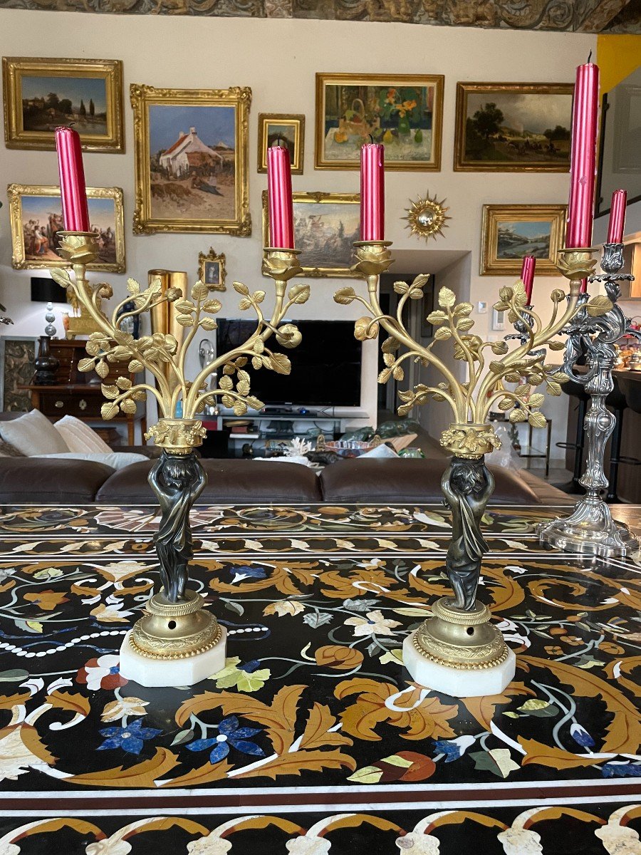 Pair Of Candelabra With Children In Gilt Bronze And White Marble From The XIXth Century-photo-4