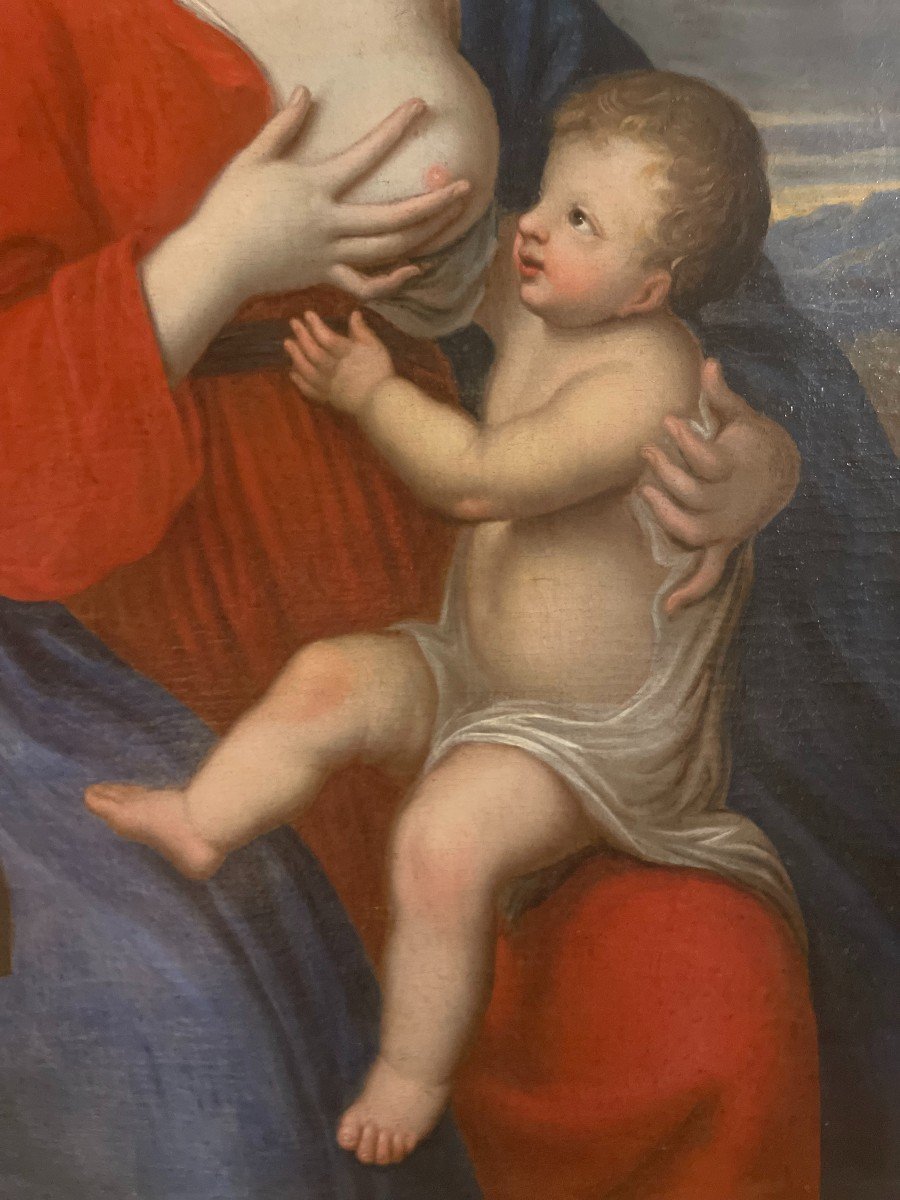 Ecole Flamande ou Italienne du XVIIème siècle "*Sainte Famille avec la Vierge allaitant"-photo-5