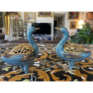 China: Pair Of Golden Cloisonne Enamel Incense Burners In The Shape Of Ducks