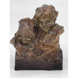 Juan Clara Ayats (1875-1958) Enfants Riant Sculpture En Bronze à Patine Médaille