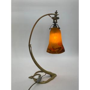 Lampe De Bureau à Poser Art Nouveau En Bronze Et  Pâte De Verre Signé Muller Frères 