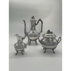 Three Piece Tea Service In 950 Thousandths Silver, With 19th Century Chiseled Decor