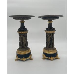  Pair Of Cassolettes In Gilt Bronze And Medal Patina Decorated With Puttis, Napoleonic Period 