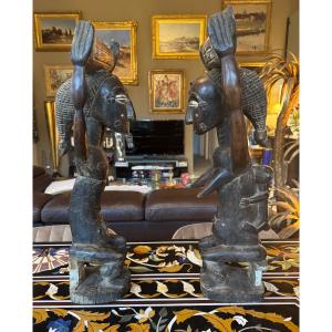 Paire De Statuettes Baoulé, Côte D’ivoire à Patine Brun Roux 