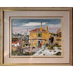 Yves Brayer (1907–1990) – “the Village Of Eyguières In Provence” Original Signed Watercolor 