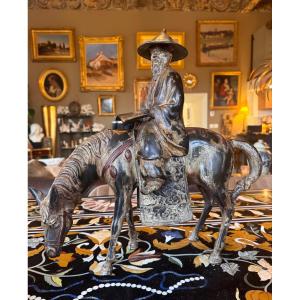 Grand bronze japonais – Le moine Toba monté sur son cheval – Milieu du XXe siècle  