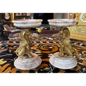 Pair Of Gilt Bronze And Veined Marbre Cassolettes, Neoclassical Style – Late 19th Century 