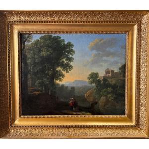 Paysage animé avec ruines École française ou italienne du XVIIᵉ siècle .