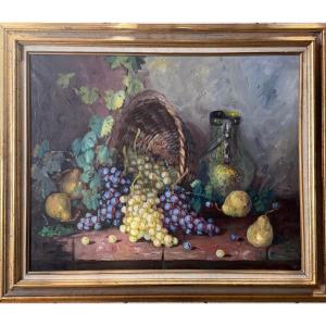 Nature morte aux raisins et poires  École catalane du XXᵉ siècle  Huile sur toile 